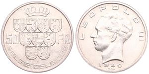Belgium, Kingdom, Leopold III, 50 Francs Silver 1940FL/FR (Position A), Crown above nine shields, Morin 447e, SCARCE VARIETY WITH TRIANGLE IN THIRD SHIELD FROM LEFT, XF/AU
