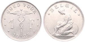 Belgium, Kingdom, Albert I, 1 Franc Nickel 1928/27FL, Kneeling woman left, Morin 401b, UNC