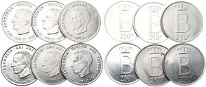 Belgium, Kingdom, Baudouin I, Good lot with 6 different 250 Francs silver coins in high grades including better items...