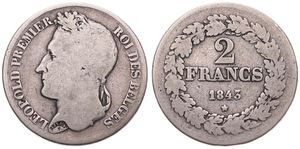 Belgium, Kingdom, Leopold I, 2 Francs Silver 1843, Laureate head left, Morin 20a (Position A), RARE, A.Fine