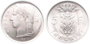 Belgium, Kingdom, Baudouin I, 5 Francs Copper-Nickel 1965FL, Head of Ceres left, Morin 563, UNC !