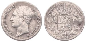 Belgium, Kingdom, Leopold I, 1/4 Franc Silver 1850, Bare head left, Morin 57a, EXTREMELY RARE TYPE, Fine (many scratches)