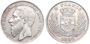 Congo Free State, Royal Domain, Leopold II, 2 Francs Silver 1896, Bearded head left, KM 7, VF/XF