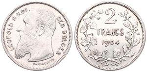 Belgium, Kingdom, Leopold II, 2 Francs Silver 1904FR, Bearded head left, Morin 194, A.XF