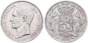 Belgium, Kingdom, Leopold I, 5 Francs Silver 1858, Bare head left, Morin 44, SCARCE KEY DATE, VF+