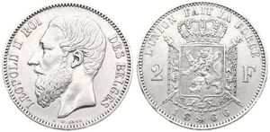 Belgium, Kingdom, Leopold II, 2 Francs Silver 1866FR, Bearded head left, Morin 168, A.XF