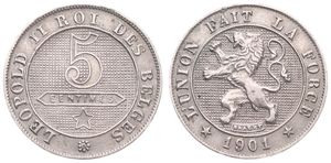 Belgium, Kingdom, Leopold II, 5 Centimes Copper-Nickel 1901FR, Rampant lion within circle left, Morin 252a, VARIETY : 5 BETWEEN R & O FROM ROI, XF