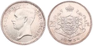 Belgium, Kingdom, Albert I, 20 Francs Silver 1934FL (Position B), Head left, Morin 308b, UNC