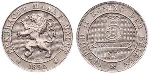 Belgium, Kingdom, Leopold II, 5 Centimes Copper-Nickel 1894FL, Rampant lion within circle left, Morin 245, SCARCER DATE, XF