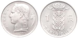 Belgium, Kingdom, Baudouin I, 1 Franc Copper-Nickel 1955FR, Head of Ceres left, Morin 601, UNC !