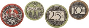 Belgium, Kingdom, Gent, 10 & 25 Centimes Carton (1915-1918), Emergency Issue - Stad Gent, 10 Ct : View on the three churches / 25 Ct : Crowned woman above lion shield, UNC