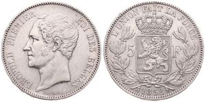 Belgium, Kingdom, Leopold I, 5 Francs Silver 1852, Bare head left, Morin 42, VF
