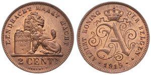 Belgium, Kingdom, Albert I, 2 Centimes Copper 1919FL, Seated lion with tablet, Morin 316, UNC