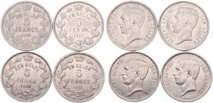 Belgium, Kingdom, Albert I, Good lot with 4 different 5 Francs nickel coins in various grades including better items or grades...