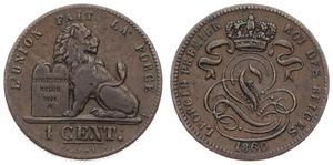 Belgium, Kingdom, Leopold I, 1 Centime Copper 1860, Seated lion with tablet, Morin 128, A.XF