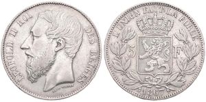 Belgium, Kingdom, Leopold II, 5 Francs Silver 1867, Bearded head left, Morin 166, VERY RARE VARIETY WITH ENGRAVER'S NAME BELOW TRUNCATION AND DOT AFTER F !, VF