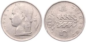 Belgium, Kingdom, Prince Charles, 5 Francs Copper-Nickel 1948FL, Head of Ceres left, Morin 522, RARE VARIETY : STRUCK IN HALF MEDAL ALIGNMENT !, Fine