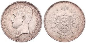 Belgium, Kingdom, Albert I, 20 Francs Silver 1934FR (Position B), Head left, Morin 307b, A.XF