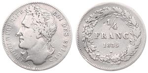 Belgium, Kingdom, Leopold I, 1/4 Franc Silver 1835, Laureate head left, Morin 36a, A.VF, VARIETY : WITHOUT SIGNATURE !