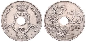Belgium, Kingdom, Leopold II, 25 Centimes Copper-Nickel 1908FL, Center hole within crowned monogram, Morin 255, A.XF