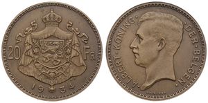 Belgium, Kingdom, Albert I, 20 Francs (ESSAI) Similor 1934FL (Position B), Head left, Dupriez 2507, RARE, UNC