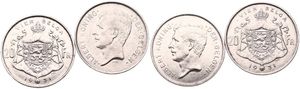 Belgium, Kingdom, Albert I, 2 x 20 Francs (4 Belgas) 1931FL Position A & B, Head left, Morin 377a & 377b, XF 