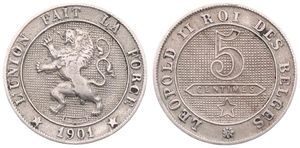 Belgium, Kingdom, Leopold II, 5 Centimes Copper-Nickel 1901FR, Rampant lion within circle left, Morin 252, RARE KEY DATE, VF