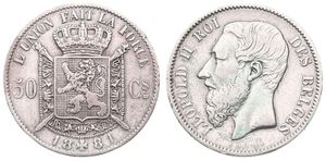 Belgium, Kingdom, Leopold II, 50 Centimes Silver 1881FR, Bearded head left, Morin 183, RARE DATE, VF