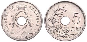 Belgium, Kingdom, Albert I, 5 Centimes Copper-Nickel 1922FR, Center hole within crowned monogram, Morin 361, UNC