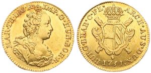 Austrian Netherlands, Maria Theresia, 1/2 Souverain d'Or Gold 1751(h) R, Crowned bust with décolletage right / Crowned arms, KM 14 Antwerp, XF (*)