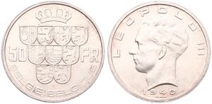 Belgium, Kingdom, Leopold III, 50 Francs Silver 1940FL/FR (Position B), Crown above nine shields, Morin 447h, SCARCE VARIETY WITH TRIANGLE IN THIRD SHIELD FROM LEFT & WITHOUT CROSS, XF/AU