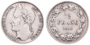 Belgium, Kingdom, Leopold I, 1/2 Franc Silver 1844, Laureate head left, Morin 34, VF+