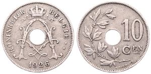 Belgium, Kingdom, Albert I, 10 Centimes Copper-Nickel 1926FL, Center hole within crowned monogram, Morin 346, SCARCE VARIETY WITH DOUBLE 2 IN DATE !, VF