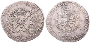 Spanish Netherlands, Albrecht & Isabella, 1/4 Patagon Silver ND (1612-1621), Crown above cross and monograms / Crowned arms with collar, VH 621.TO - Tournai, A.VF