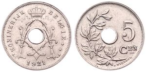 Belgium, Kingdom, Albert I, 5 Centimes Copper-Nickel 1921/11FL, Center hole within crowned monogram, Morin 360a, UNC
