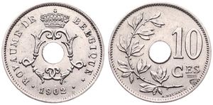 Belgium, Kingdom, Leopold II, 10 Centimes Copper-Nickel 1902FR, Center hole within crowned monogram, Morin 258, UNC