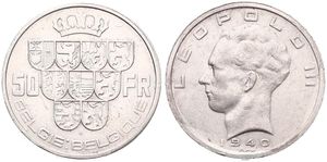 Belgium, Kingdom, Leopold III, 50 Francs Silver 1940FL/FR (Position A), Crown above nine shields, Morin 447g, SCARCE VARIETY WITHOUT CROSS & WITH TRIANGLE IN THIRD SHIELD FROM LEFT, A.XF
