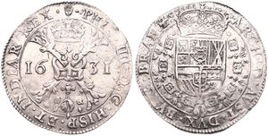 Spanish Netherlands, Philip IV, 1 Patagon Silver 1631, Cross with crown and golden fleece within circle / Crowned arms within circle, VH 645.AN - Antwerp, XF
