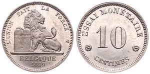 Belgium, Kingdom, Leopold I, 10 Centimes (ESSAI) Nickel 1859, Seated lion with tablet, Dupriez 678, UNC