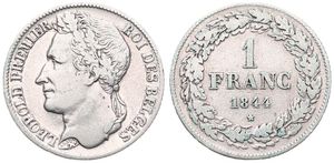 Belgium, Kingdom, Leopold I, 1 Franc Silver 1844, Laureate head left, Morin 27, VF+
