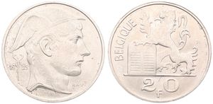 Belgium, Kingdom, Baudouin I, 20 Francs Silver 1953FR, Helmeted head of Mercurius right, Morin 545, XF/AU
