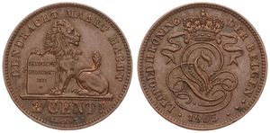 Belgium, Kingdom, Leopold II, 2 Centimes Copper 1905FL, Seated lion with tablet, Morin 216, XF/AU
