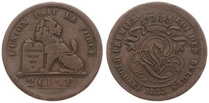 Belgium, Kingdom, Leopold I, 2 Centimes Copper 1835, Seated lion with tablet, Morin 89, F/VF