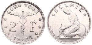 Belgium, Kingdom, Albert I, 2 Francs Nickel 1924FL, Kneeling woman left, Morin 393, A.XF