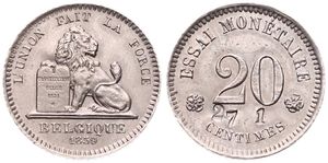 Belgium, Kingdom, Leopold I, 20 Centimes (ESSAI) Nickel 1859, Seated lion with tablet, Dupriez 654, A.UNC