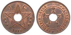 Belgian Congo, Colony, Albert I, 1 Centime Copper 1910, Center hole flanked by crowned monograms within beaded circle, KM 15, XF