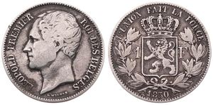Belgium, Kingdom, Leopold I, 1 Franc Silver 1850, Bare head left, Morin 53a, EXTREMELY RARE TYPE, F/VF