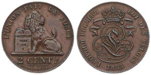 Belgium, Kingdom, Leopold I, 2 Centimes Copper 1865, Seated lion with tablet, Morin 113, A.XF