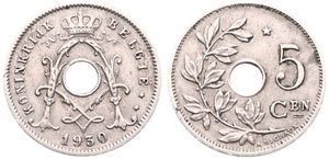 Belgium, Kingdom, Albert I, 5 Centimes Nickel-Brass 1930FL, Center hole within crowned monogram, Morin 429, SCARCE VARIETY WITH DOUBLE 3 IN DATE !, VF