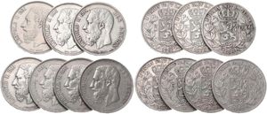 Belgium, Kingdom, Leopold II, Good lot with 7 silver 5 Francs coins, mixed dates in various grades... 